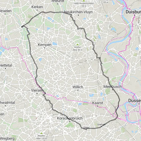 Karten-Miniaturansicht der Radinspiration "Road-Rundtour mit Sehenswürdigkeiten" in Düsseldorf, Germany. Erstellt vom Tarmacs.app-Routenplaner für Radtouren