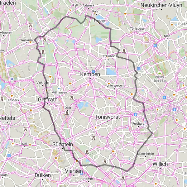 Map miniature of "Gastendonk Road Route" cycling inspiration in Düsseldorf, Germany. Generated by Tarmacs.app cycling route planner