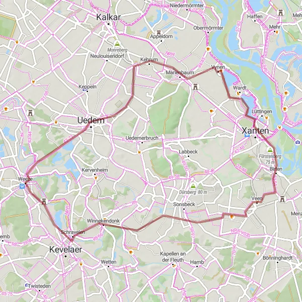 Map miniature of "Weeze to Xanten Round Trip" cycling inspiration in Düsseldorf, Germany. Generated by Tarmacs.app cycling route planner