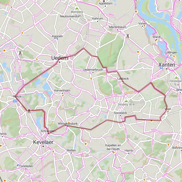 Karten-Miniaturansicht der Radinspiration "Gravel-Tour Uedem - Sonsbeck" in Düsseldorf, Germany. Erstellt vom Tarmacs.app-Routenplaner für Radtouren