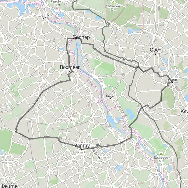 Map miniature of "The Niederrhein Loop" cycling inspiration in Düsseldorf, Germany. Generated by Tarmacs.app cycling route planner