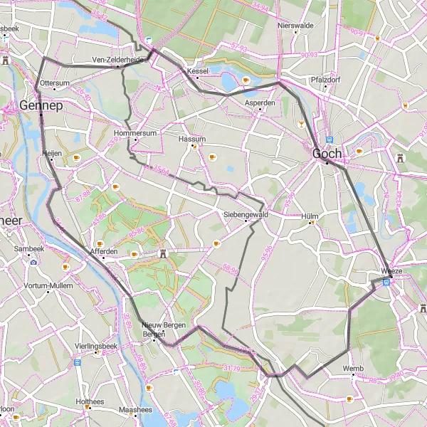 Map miniature of "Goch Cycle Route" cycling inspiration in Düsseldorf, Germany. Generated by Tarmacs.app cycling route planner