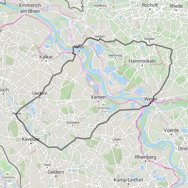 Map miniature of "Weeze to Wesel Round Trip" cycling inspiration in Düsseldorf, Germany. Generated by Tarmacs.app cycling route planner