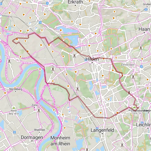 Karten-Miniaturansicht der Radinspiration "Entdeckungsreiche Hildener Runde" in Düsseldorf, Germany. Erstellt vom Tarmacs.app-Routenplaner für Radtouren