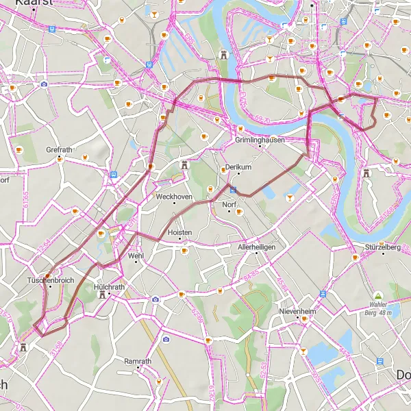 Map miniature of "Wersten Scenic Gravel Loop" cycling inspiration in Düsseldorf, Germany. Generated by Tarmacs.app cycling route planner