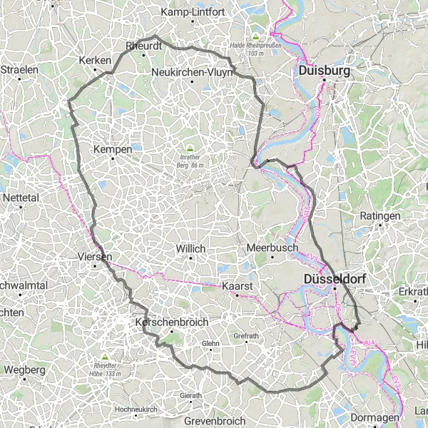 Karten-Miniaturansicht der Radinspiration "Route entlang des Rheins und durch grüne Landschaft" in Düsseldorf, Germany. Erstellt vom Tarmacs.app-Routenplaner für Radtouren