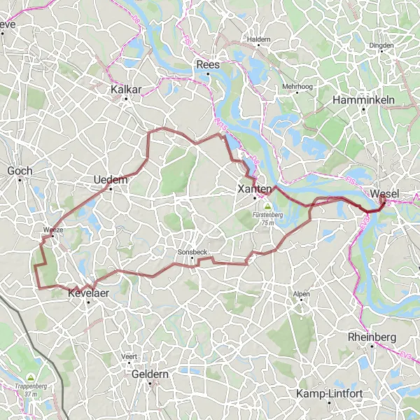 Map miniature of "Cycling through Wesel and Xanten" cycling inspiration in Düsseldorf, Germany. Generated by Tarmacs.app cycling route planner