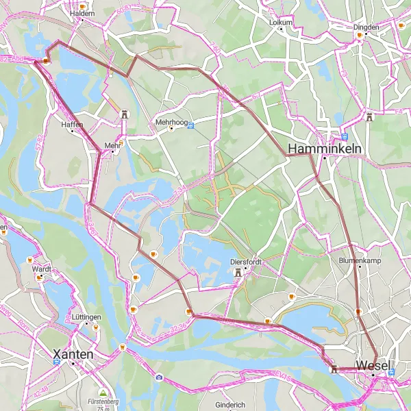 Karten-Miniaturansicht der Radinspiration "Gravel Tour um Wesel" in Düsseldorf, Germany. Erstellt vom Tarmacs.app-Routenplaner für Radtouren