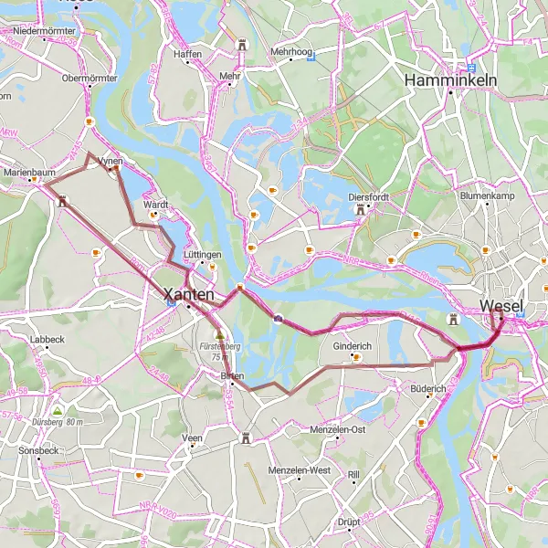 Map miniature of "Natural Retreat to Marienbaum and Bislicher Insel" cycling inspiration in Düsseldorf, Germany. Generated by Tarmacs.app cycling route planner
