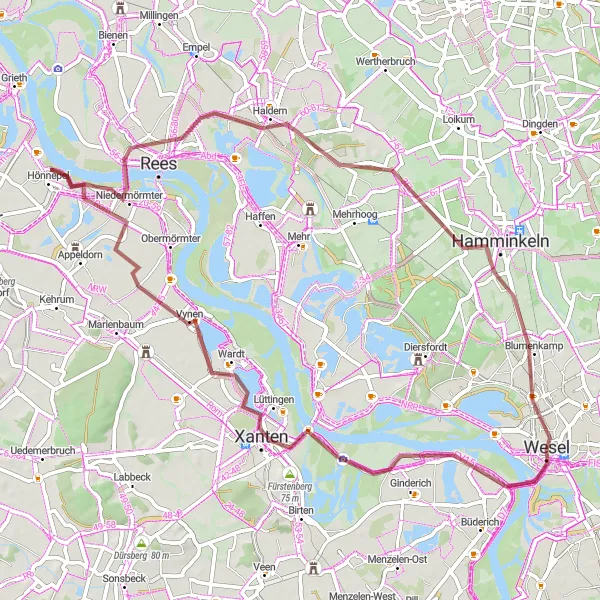 Map miniature of "Xanten and Fürstenberg Adventure" cycling inspiration in Düsseldorf, Germany. Generated by Tarmacs.app cycling route planner