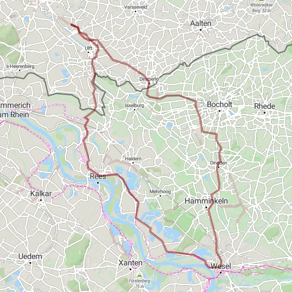 Map miniature of "The Wesel Gravel Adventure" cycling inspiration in Düsseldorf, Germany. Generated by Tarmacs.app cycling route planner