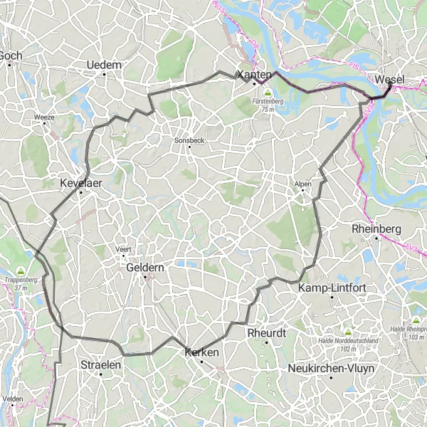 Map miniature of "The Kerken Circuit" cycling inspiration in Düsseldorf, Germany. Generated by Tarmacs.app cycling route planner