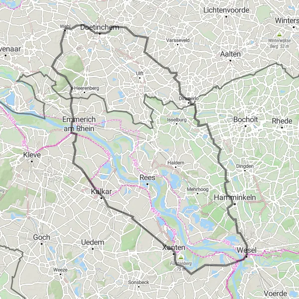Map miniature of "The Xanten Explorer" cycling inspiration in Düsseldorf, Germany. Generated by Tarmacs.app cycling route planner