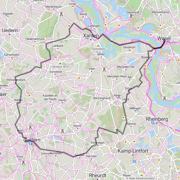 Map miniature of "The Weseler Land Loop" cycling inspiration in Düsseldorf, Germany. Generated by Tarmacs.app cycling route planner