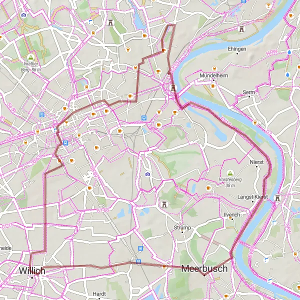 Karten-Miniaturansicht der Radinspiration "Gravel-Tour durch historische Highlights" in Düsseldorf, Germany. Erstellt vom Tarmacs.app-Routenplaner für Radtouren