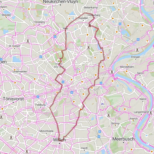 Karten-Miniaturansicht der Radinspiration "Gravel Abenteuer rund um Willich" in Düsseldorf, Germany. Erstellt vom Tarmacs.app-Routenplaner für Radtouren