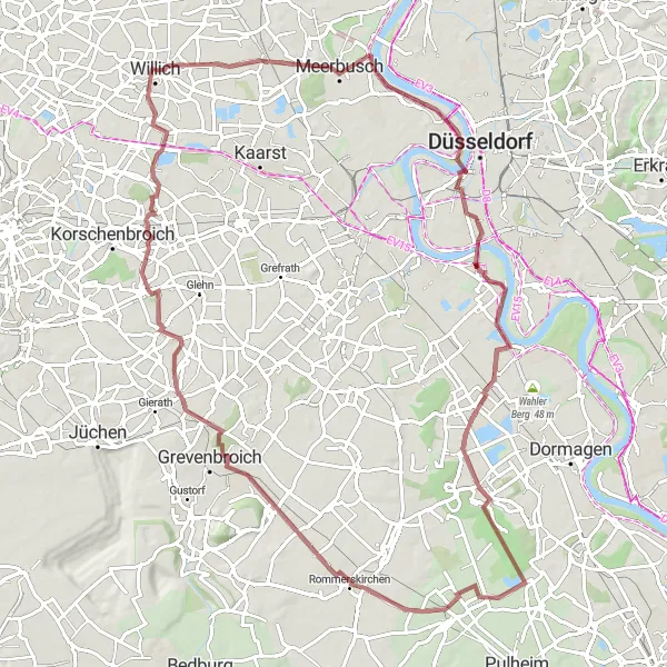Map miniature of "Loop around Willich: Discovering the Beauty of Gravel Trails" cycling inspiration in Düsseldorf, Germany. Generated by Tarmacs.app cycling route planner