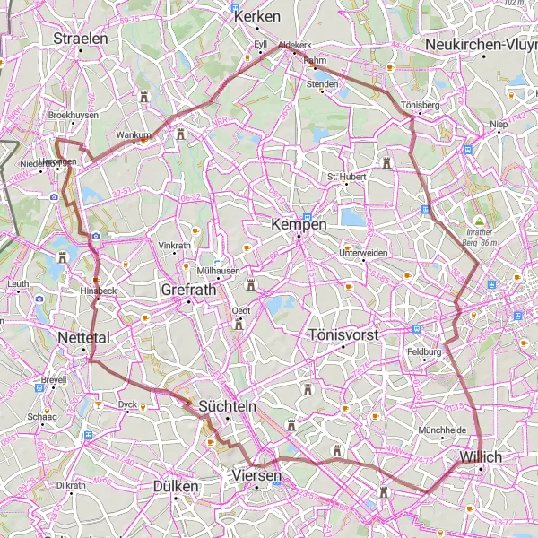 Karten-Miniaturansicht der Radinspiration "Natur pur: Entdeckungsreise von Willich zu Aldekerk" in Düsseldorf, Germany. Erstellt vom Tarmacs.app-Routenplaner für Radtouren
