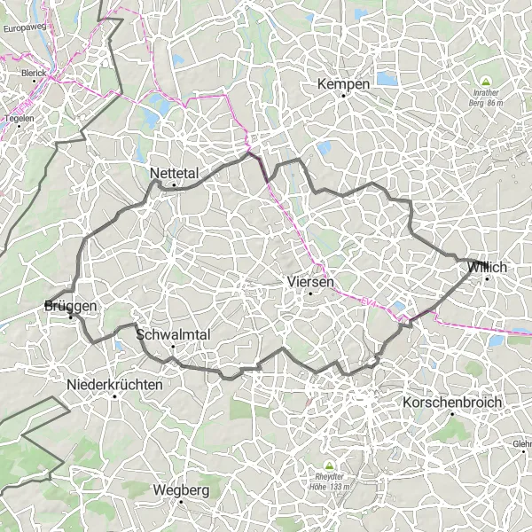Map miniature of "Willich Sightseeing" cycling inspiration in Düsseldorf, Germany. Generated by Tarmacs.app cycling route planner