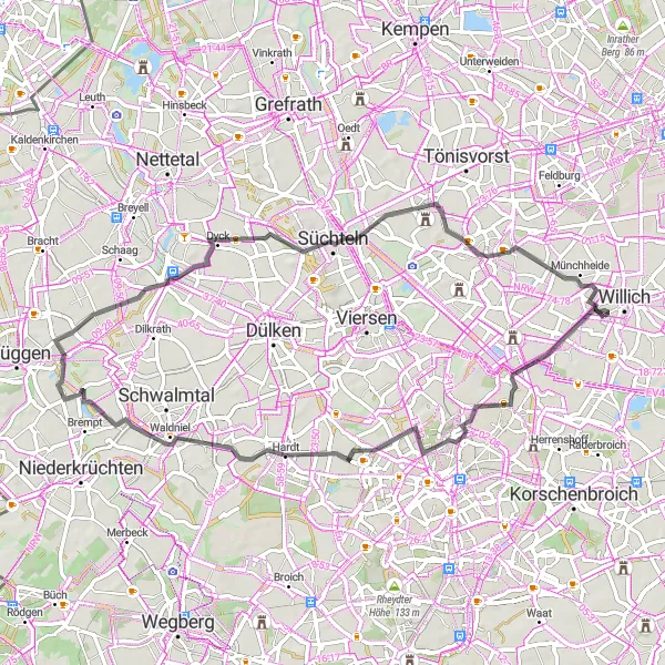 Map miniature of "Willich to Born" cycling inspiration in Düsseldorf, Germany. Generated by Tarmacs.app cycling route planner