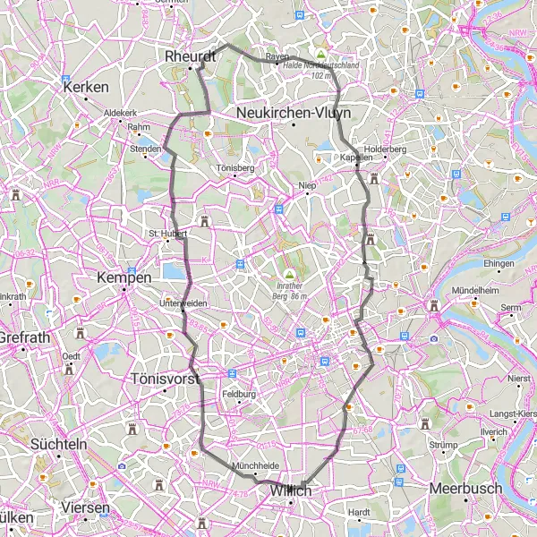 Map miniature of "Willich and Beyond" cycling inspiration in Düsseldorf, Germany. Generated by Tarmacs.app cycling route planner