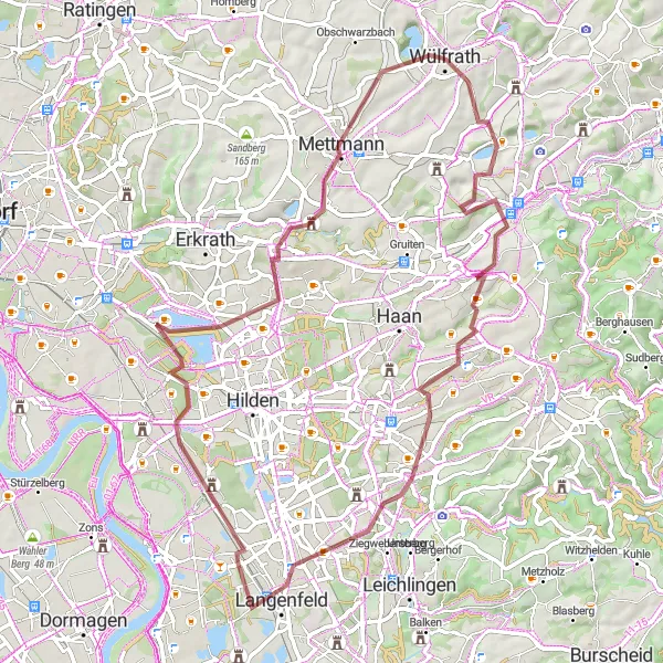 Map miniature of "Wülfrath Gravel Adventure" cycling inspiration in Düsseldorf, Germany. Generated by Tarmacs.app cycling route planner