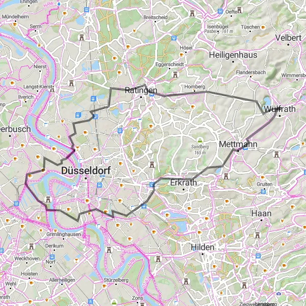 Map miniature of "The Adelscheidberg - Rheinkalk Werk Wülfrath Circuit" cycling inspiration in Düsseldorf, Germany. Generated by Tarmacs.app cycling route planner