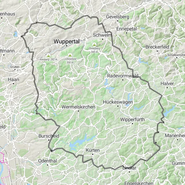 Karten-Miniaturansicht der Radinspiration "Tönisheide und Lindlar Tour" in Düsseldorf, Germany. Erstellt vom Tarmacs.app-Routenplaner für Radtouren