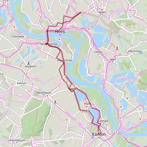 Map miniature of "Vynen and Xanten Loop" cycling inspiration in Düsseldorf, Germany. Generated by Tarmacs.app cycling route planner