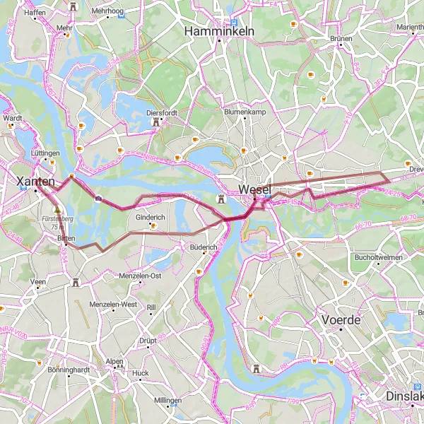 Map miniature of "Bislicher Insel and Xanten Adventure" cycling inspiration in Düsseldorf, Germany. Generated by Tarmacs.app cycling route planner
