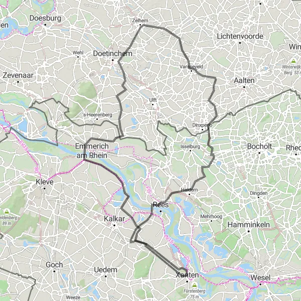 Map miniature of "Lower Rhine Loop: Nature and Cultural Delights" cycling inspiration in Düsseldorf, Germany. Generated by Tarmacs.app cycling route planner