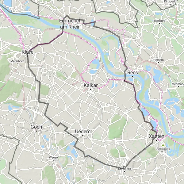 Map miniature of "Riverside Delights" cycling inspiration in Düsseldorf, Germany. Generated by Tarmacs.app cycling route planner