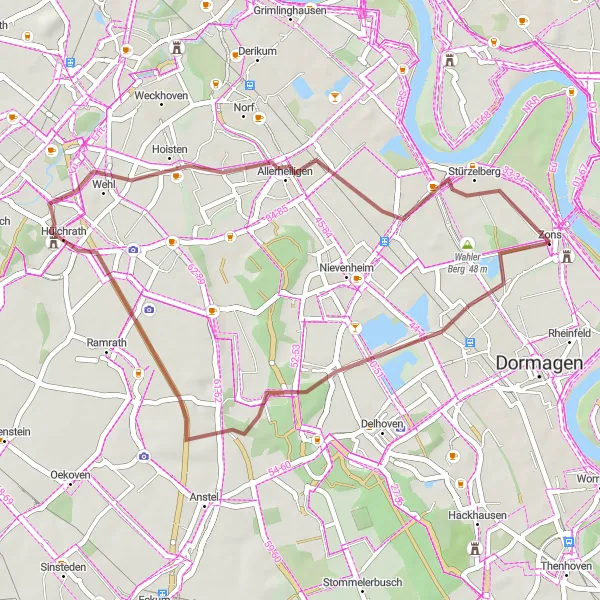 Karten-Miniaturansicht der Radinspiration "Gravel Tour um Zons" in Düsseldorf, Germany. Erstellt vom Tarmacs.app-Routenplaner für Radtouren
