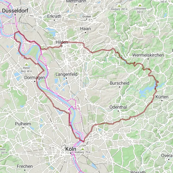 Map miniature of "The Dhünn-Talsperre Gravel Adventure" cycling inspiration in Düsseldorf, Germany. Generated by Tarmacs.app cycling route planner