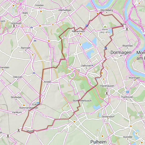 Map miniature of "Zons Gravel Adventure" cycling inspiration in Düsseldorf, Germany. Generated by Tarmacs.app cycling route planner