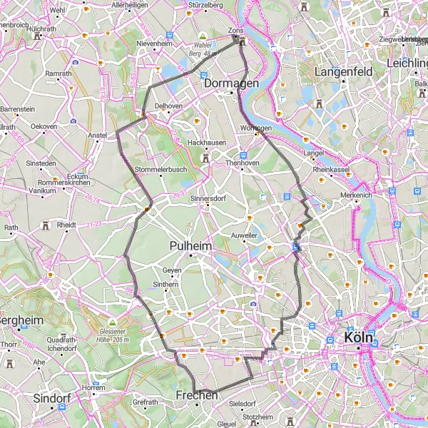 Map miniature of "The Stommeln Circuit" cycling inspiration in Düsseldorf, Germany. Generated by Tarmacs.app cycling route planner