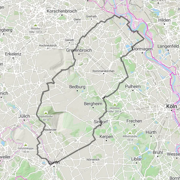 Map miniature of "The Hambach Challenge" cycling inspiration in Düsseldorf, Germany. Generated by Tarmacs.app cycling route planner