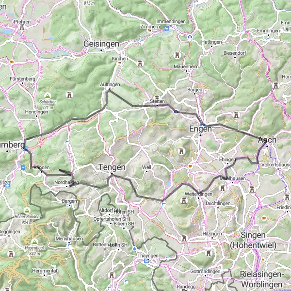 Karten-Miniaturansicht der Radinspiration "Die Hügelrunde von Aach" in Freiburg, Germany. Erstellt vom Tarmacs.app-Routenplaner für Radtouren