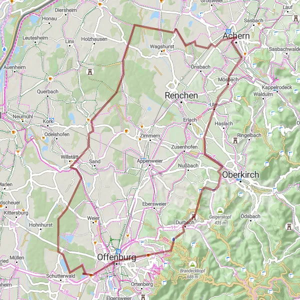 Karten-Miniaturansicht der Radinspiration "Idyllische Gravelstrecke Mösbach-Achern" in Freiburg, Germany. Erstellt vom Tarmacs.app-Routenplaner für Radtouren