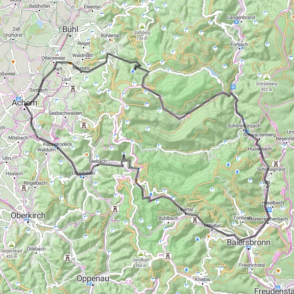 Karten-Miniaturansicht der Radinspiration "Hügellandroute um Achern" in Freiburg, Germany. Erstellt vom Tarmacs.app-Routenplaner für Radtouren