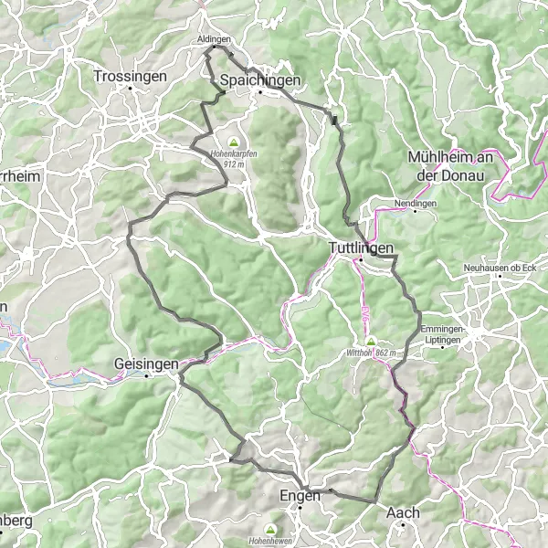 Karten-Miniaturansicht der Radinspiration "Balgheim-Runde über Raststätte Im Hegau" in Freiburg, Germany. Erstellt vom Tarmacs.app-Routenplaner für Radtouren