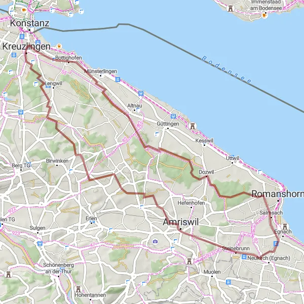 Map miniature of "Lake Constance Gravel Adventure" cycling inspiration in Freiburg, Germany. Generated by Tarmacs.app cycling route planner