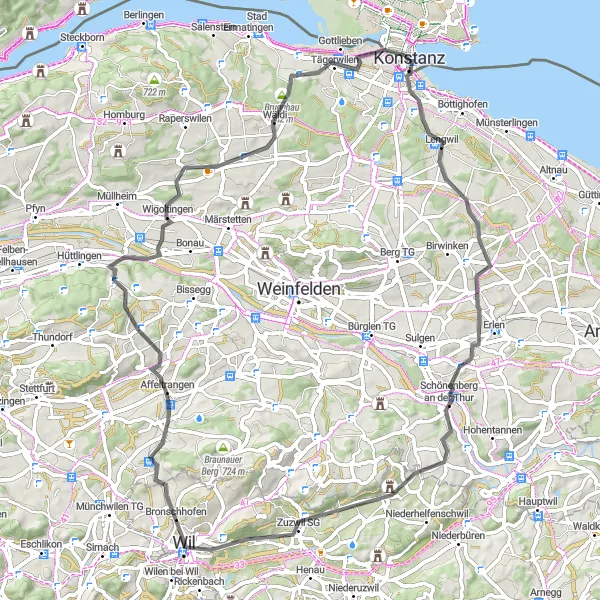 Map miniature of "Thur Valley Road Challenge" cycling inspiration in Freiburg, Germany. Generated by Tarmacs.app cycling route planner
