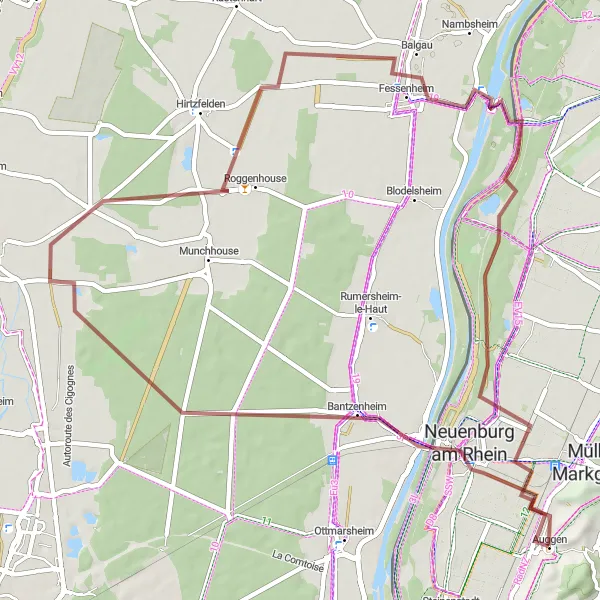 Karten-Miniaturansicht der Radinspiration "Gravel Tour durch Auggen und Umgebung" in Freiburg, Germany. Erstellt vom Tarmacs.app-Routenplaner für Radtouren