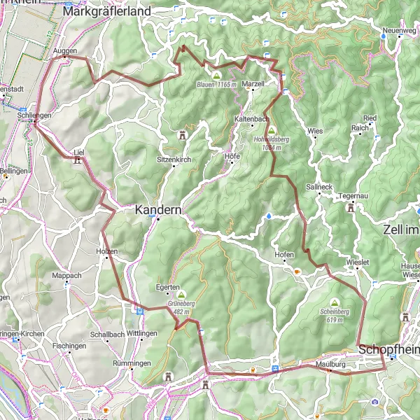 Karten-Miniaturansicht der Radinspiration "Abenteuerliche Gravel-Tour durch die Natur rund um Auggen" in Freiburg, Germany. Erstellt vom Tarmacs.app-Routenplaner für Radtouren