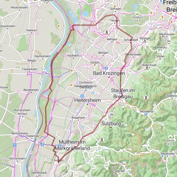 Map miniature of "Challenging Gravel Ride near Auggen" cycling inspiration in Freiburg, Germany. Generated by Tarmacs.app cycling route planner