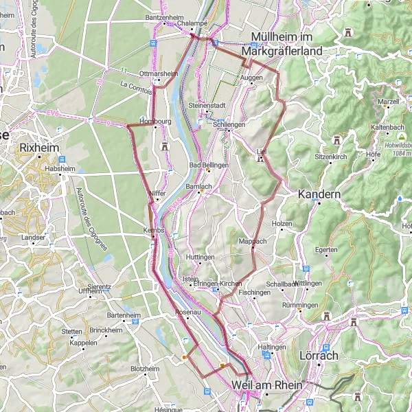 Map miniature of "Gravel Route through Auggen" cycling inspiration in Freiburg, Germany. Generated by Tarmacs.app cycling route planner