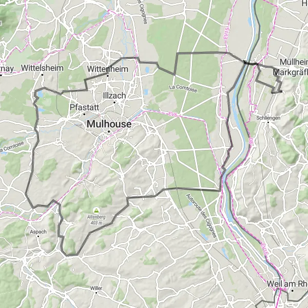 Map miniature of "The Scenic Road Adventure" cycling inspiration in Freiburg, Germany. Generated by Tarmacs.app cycling route planner