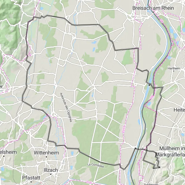 Karten-Miniaturansicht der Radinspiration "Rhein-Tour über Rouffach und Neuenburg" in Freiburg, Germany. Erstellt vom Tarmacs.app-Routenplaner für Radtouren