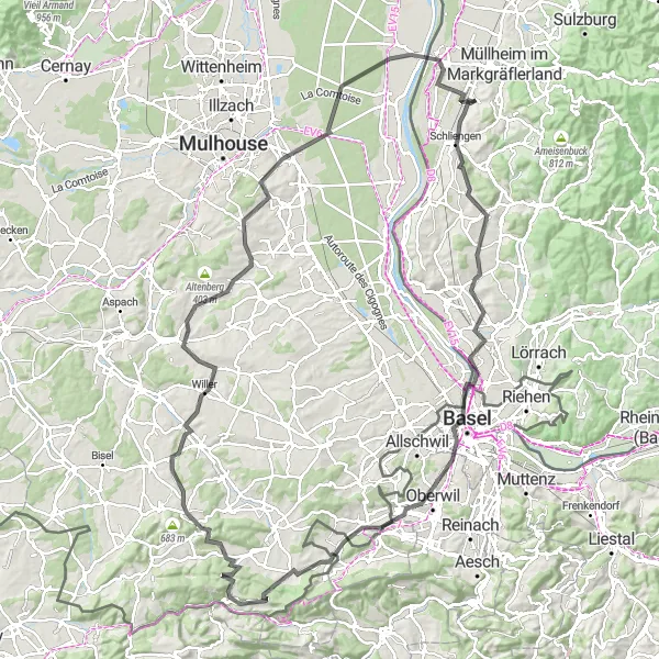 Map miniature of "The Road Explorer" cycling inspiration in Freiburg, Germany. Generated by Tarmacs.app cycling route planner
